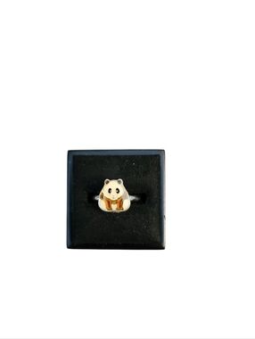 Size 4 Silver Toned Brown Enamel Panda Adjustable Ring